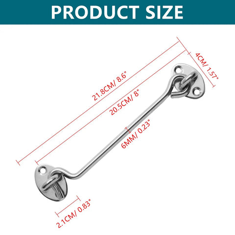 Product size measurements of Heavy Duty Two Pack Eight Inch Gate Hook And Eye Latch Rock Solid Stainless Steel Security Latch.