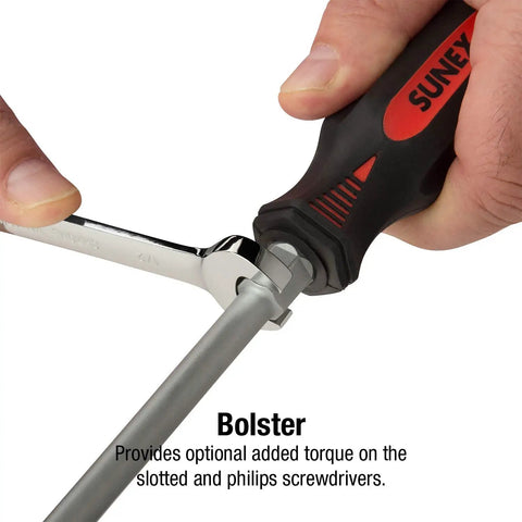 Heavy Duty 20 Piece Combo Screwdriver Set With Slotted, Phillips, And Torx Drivers, matte finish showing bolster for extra torque