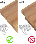 Diagram showing correct overlay and incorrect inset installation for 20 Pairs Overlay Cabinet Hinges In Brushed Brass Flush Mount Self Closing 0 To 180 Degree SCH30BB Gold Decorative Hinges For Cabinets Bathroom Cupboard No Brainer Easy Install Durable Hardware.