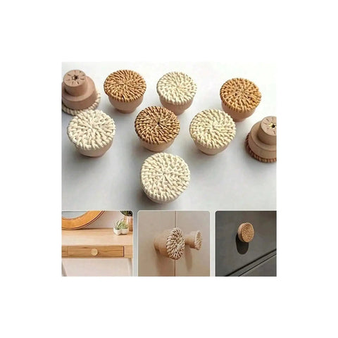 Rattan Wood Cabinet Knob Set Handmade Wicker Round Drawer Pulls With Screws Wardrobe Dresser Handles top view