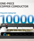 Rock Solid Six Outlet Surge Protector Power Strip With Six Foot Extension Cord And Six Hundred Joule Defense, showing internal copper components.