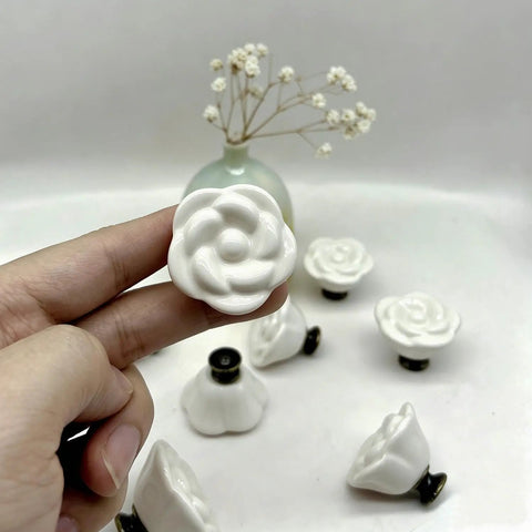 Porcelain Flower Knobs Set Of 10 White Rose Cabinet Pulls For Dresser And Furniture Makeovers Ceramic Drawer Knobs