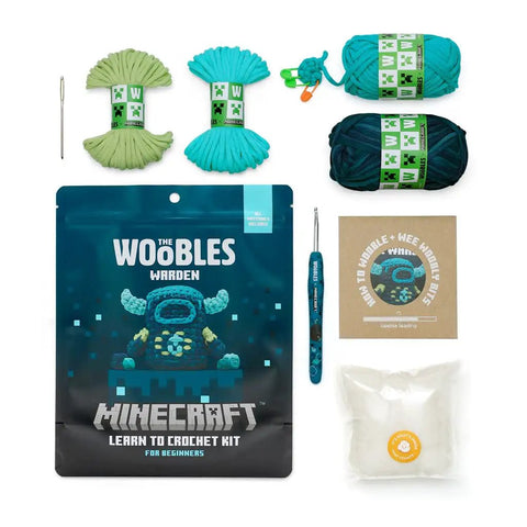 Minecraft Crochet Kit For Adults And Beginners, yarn, crochet hook, crochet animals, Warden Mob, full kit components displayed.