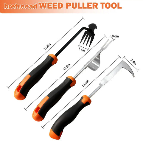 3 Pack Hand Weeder Tool Set With Stainless Steel Weed Puller featuring ergonomic rubber handles, measurements shown