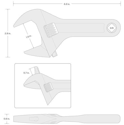 Diagram of Six Inch Adjustable Wrench With One And A Half Inch Jaw Capacity Laser Engraved Scales for measurements