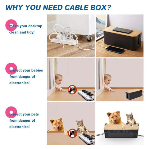 Two Pack Cable Management Box With Bamboo Lid, Large Wires Organizer, protecting babies and pets from cords and outlets
