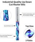 Front view of Up Down Cut Spiral Compression Router Bit with one quarter inch shank and cutting diameter, nano blue coated.