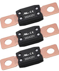 Premium MEGA 350 Amp Auto Fuse 32V DC Bolt On Circuit Protector in black and copper, designed for heavy duty use in vehicles.
