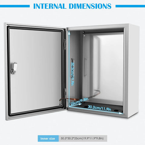 Heavy Duty Tough As Nails Outdoor Electrical Enclosure Box 20x12x10 Inches IP66 Weatherproof Junction Box open view dimensions