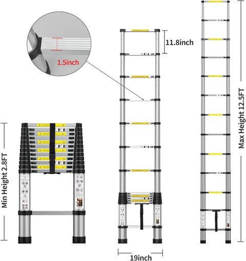 12.5 Foot Telescoping Aluminum Ladder With Triangle Stabilizers, Lightweight Extension Ladder, dimensions, retractable for RV