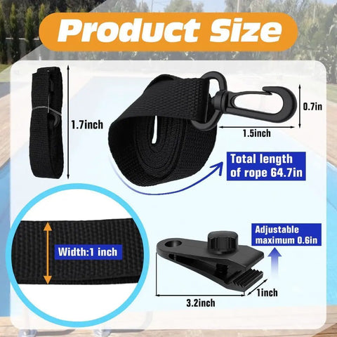 Top Shelf Universal Pool Solar Cover Reel Attachment Kit With Fool Proof Serrated Grip Locking Clips And 24 Piece Hook Strap Bundle For Large Inground Swimming Pools, showing product size with strap measurements.