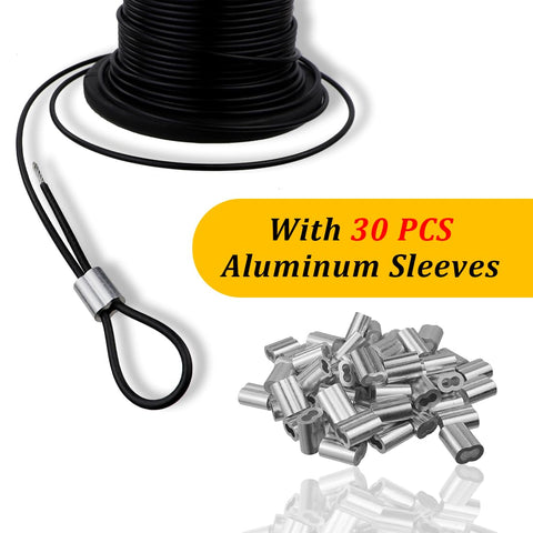 Heavy Duty 304 Stainless Steel Wire Rope Cable 7x7 Core Black Vinyl Coated Outdoor Guide Wire For String Lights And Clotheslines Overmolded From 1/16 Inch To 3/32 Inch 100 Ft with aluminum sleeves