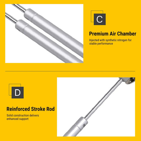 Two Pack Gas Stay Hinge Set With Zinc Alloy Soft Close Cabinet Hinges showing premium air chamber and reinforced stroke rod