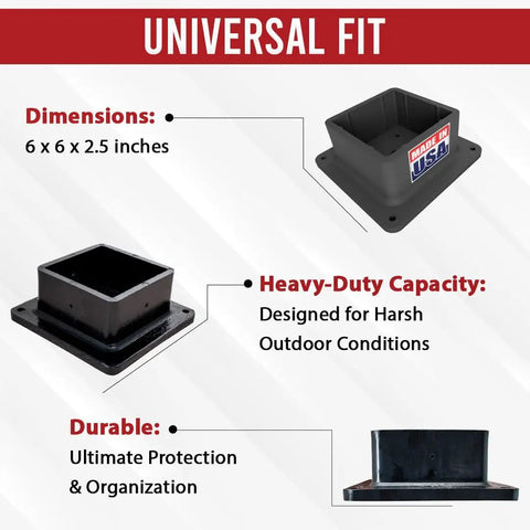 Heavy Duty 4x4 Post Base Bracket Anchor With Rust Free Plastic Deck Skirt And Flange Cover For Wood Posts And Handrail Braces Built Ridiculously Tough In Usa For Yard Work Projects, 6x6x2.5 inches, black polymer construction.