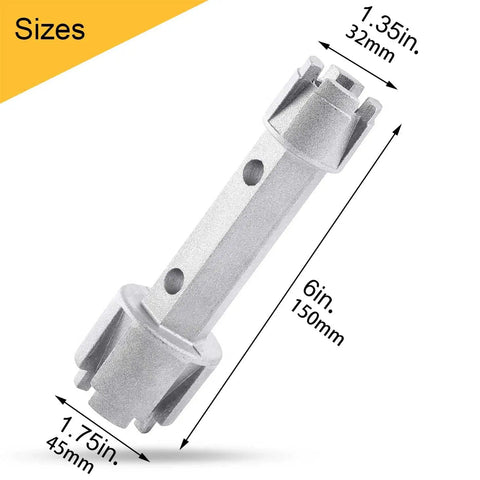 Dual End Drain Removal Wrench For Bathtubs And Showers Heavy Duty Aluminum with measurements shown for all sides