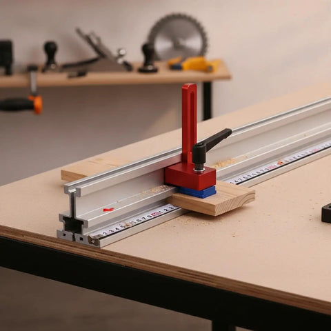 Beefy, Rock Solid T Track Aluminum Stopper Jig for Router Tables and Table Saws setup on a workbench, 1 Pack