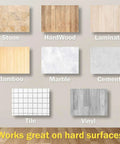 Various hard surface samples including Stone, Hardwood, Bamboo, Marble, Cement, Tile, and Vinyl for floor cleaning.