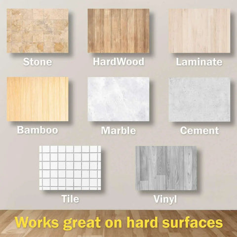 Various hard surface samples including Stone, Hardwood, Bamboo, Marble, Cement, Tile, and Vinyl for floor cleaning.