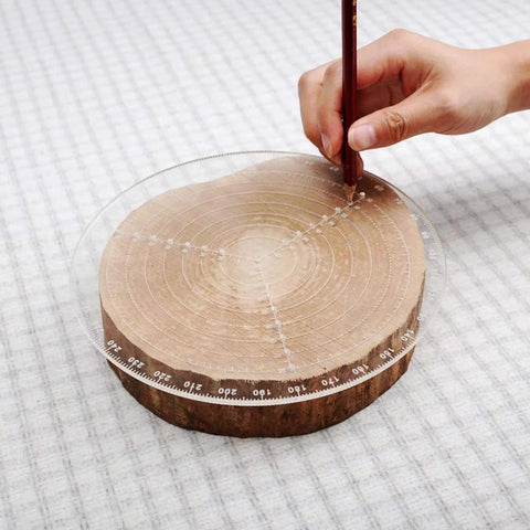 Close-up view: 7.87-inch round center finder compass, transparent acrylic woodworking tool with circular scales