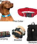 Half Inch Side Release Buckles 10 Pack Black Plastic Quick Release Buckles For Backpack Straps And DIY Pet Collars image showing uses on dog collar, camping gear, bracelet, and backpack.