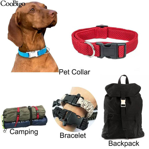 Half Inch Side Release Buckles 10 Pack Black Plastic Quick Release Buckles For Backpack Straps And DIY Pet Collars image showing uses on dog collar, camping gear, bracelet, and backpack.