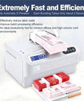 Speedy Banknote Bundling Machine for Cash, Receipts, and Cards in action bundling pink and red notes.