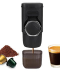 Smooth Operator Hand Pump Espresso Maker For Pods Or Grounds Portable Travel Coffee Brewer with espresso mug and coffee grounds.