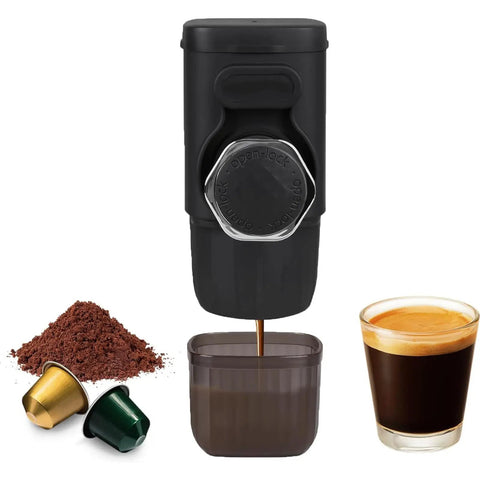 Smooth Operator Hand Pump Espresso Maker For Pods Or Grounds Portable Travel Coffee Brewer with espresso mug and coffee grounds.