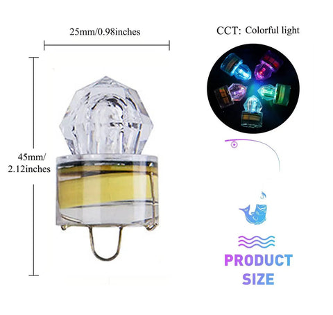 LED Underwater Fishing Lights 10 Pack Deep Drop Lights Waterproof Diamond Tubular Colorful Lure Lights showing size and glow