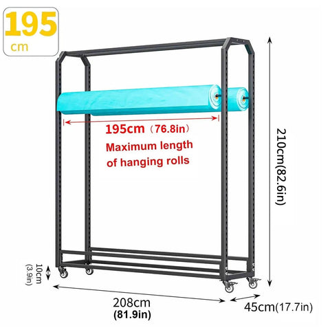 Top Shelf Adjustable Rolling Fabric Display Rack With Wheels And Multiple Rod Storage Heavy Duty for 195cm fabric rolls.