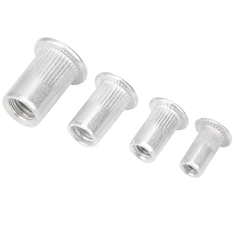 Genuine Aluminum Rivet Nut Kit Featuring 200 Piece Assorted M3 And M6 Threaded Blind Fasteners, showcasing M3 to M6 sizes.