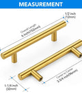 Brushed Brass Cabinet Handles With 3-3/4 Inch Hole Spacing, Stainless Steel Drawer Pulls For Cabinets, Kitchen, Bathroom, And Dresser, Rust Resistant, 5 Pack By Home Edit, shown with measurement details.