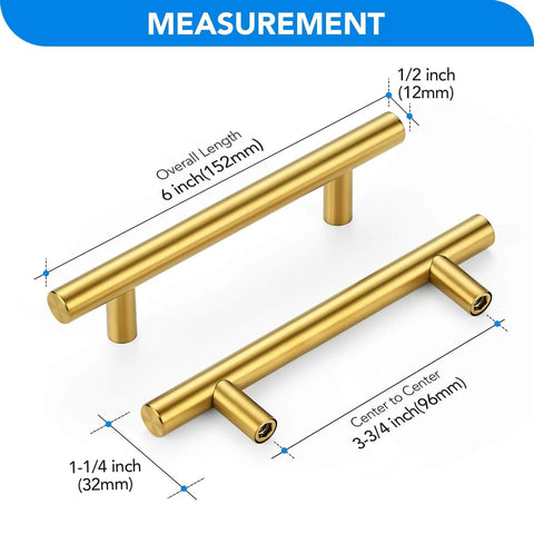 Brushed Brass Cabinet Handles With 3-3/4 Inch Hole Spacing, Stainless Steel Drawer Pulls For Cabinets, Kitchen, Bathroom, And Dresser, Rust Resistant, 5 Pack By Home Edit, shown with measurement details.