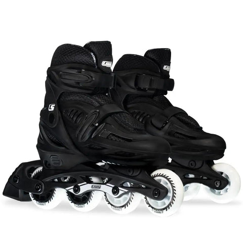 Black adjustable kids inline skates grow with you across four sizes with push button expansion, smooth urethane wheels.