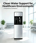 Hospital Grade Freestanding Water Dispenser With Hot Cold And Room Temp Settings Direct Plumbing Hookup For Automatic Refill in a modern healthcare setting.