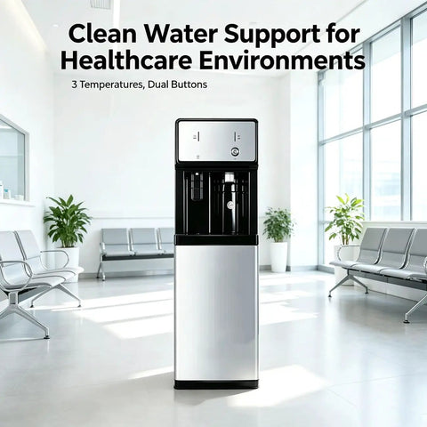 Hospital Grade Freestanding Water Dispenser With Hot Cold And Room Temp Settings Direct Plumbing Hookup For Automatic Refill in a modern healthcare setting.