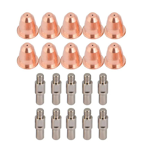 Top Grade Plasma Cutter Tips Set Featuring 10 Electrodes And Nozzles For S25 And S45 Machines, includes copper nozzles and stainless steel adapters.