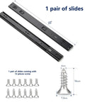 Premium Heavy Duty Matte Black Soft Close Drawer Slides Twenty Inch with mounting screws and dimensions displayed.