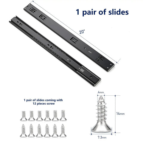 Premium Heavy Duty Matte Black Soft Close Drawer Slides Twenty Inch with mounting screws and dimensions displayed.