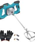 Powerful 2100W Portable Concrete Mixer With Six Speed Settings, handheld with gloves, steel construction for mortar and paint.