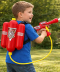 Child playing with Firefighter Backpack Water Blaster For Kids, 1.3L Tank Hose Shooter in outdoor setting