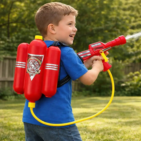 Child playing with Firefighter Backpack Water Blaster For Kids, 1.3L Tank Hose Shooter in outdoor setting