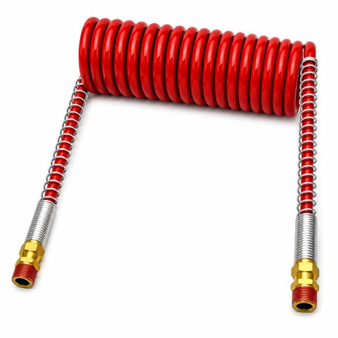 Heavy Duty Air Coil Hose 15 Feet Fits Universal Red Air Line Half OD Half Male Pipe Fittings shop air hose coiled with brass ends