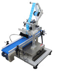 Automatic Flat Labeling Machine With Conveyor Belt For Plates And Shop Merch Smart Sensor Desktop Label Applicator 110V with blue conveyor.