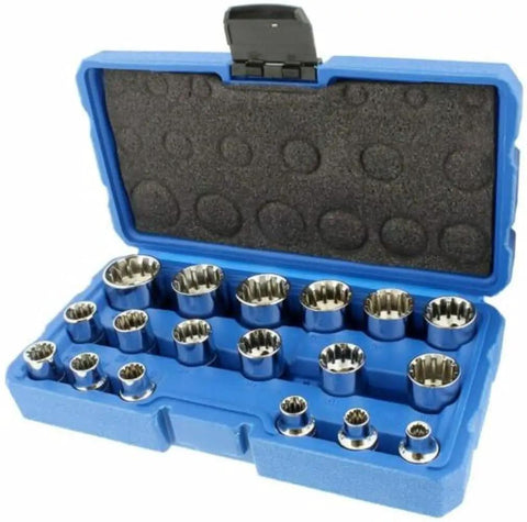Hella Tough 18 Piece 3/8 Inch Drive Penta Metric Spline Socket Set With Polished Finish, chrome vanadium steel in case