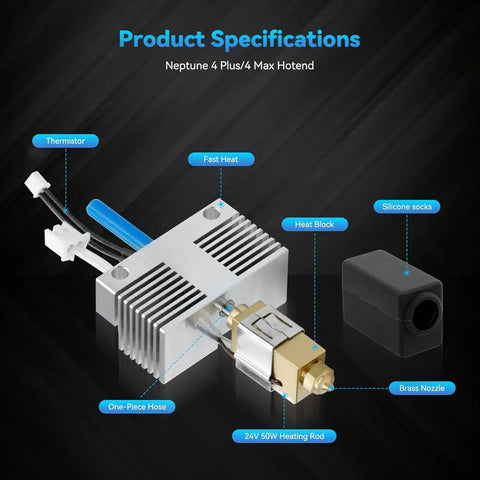 All Metal Extruder Hot End Kit For 3D Printers Fits Neptune 4 Plus And Neptune 4 Max with visible heat block and brass nozzle