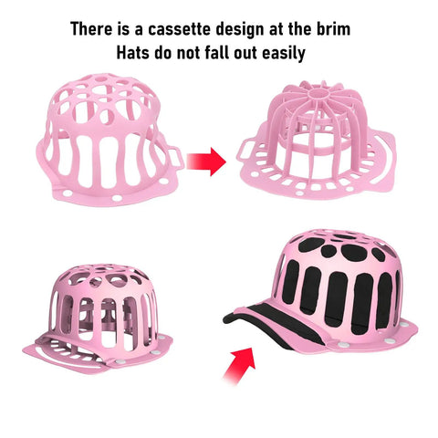 Pink silicone hat washing cage for machine wash, reusable cap washer bag, prevents deformation, snap strap guard detail shown.