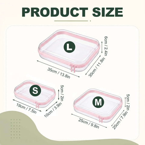 Straight Up Tough Clear Hard Shell Zipper Cases Six Piece Set With Two Large Medium And Small Sizes For Travel Beauty And Everyday Carry In Fresh Pink Heavy Duty Storage Pouches size chart showing dimensions of large, medium, and small cases.
