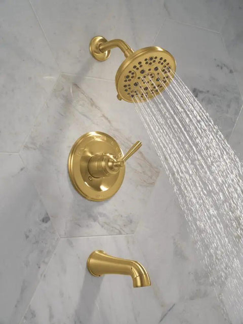 Clean Brushed Gold Five Setting Bathtub And Shower Faucet Set With Powerful Rainfall Shower Head And Easy Grip Handle Trim Valve Fixture Rough Sold Separate Totally Fresh Bathroom Upgrade Vibe