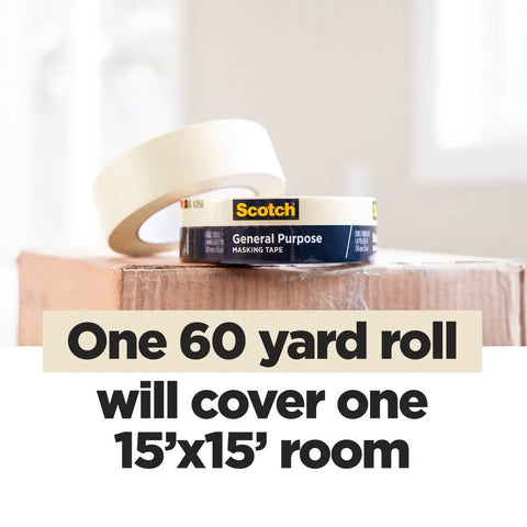 Beige General Purpose Masking Tape 1.88 Inch By 60 Yard on a box, perfect for painting edges labeling bundling with easy tear design.